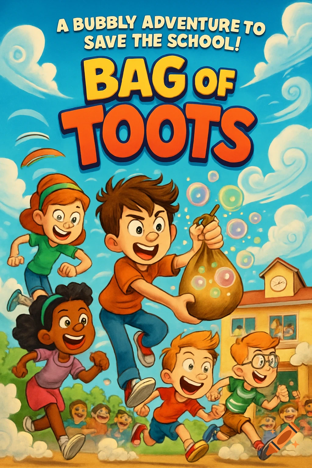 Cartoon movie poster with kids running from a school, a boy holding a bag emitting bubbles, text reads 'BAG OF TOOTS'.