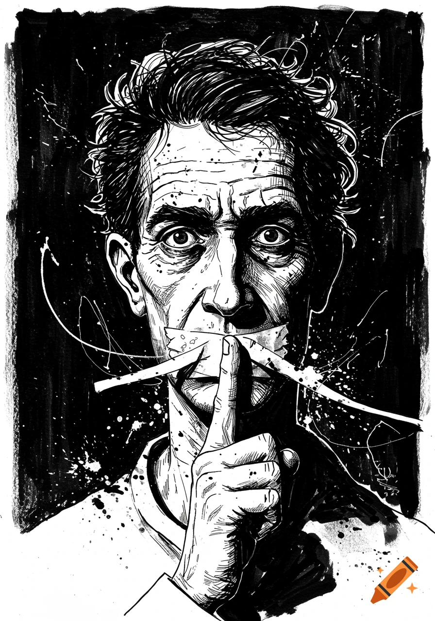 A black and white ink drawing of a man with tape over his mouth and a finger to his lips, in the style of Ralph Steadman, with ink splatters.