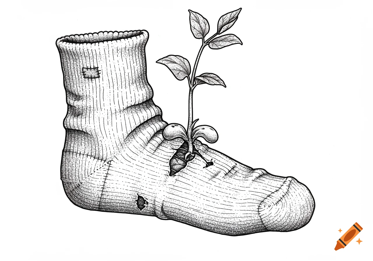 A black and white dot work illustration of a plant growing out of an old, patched sock.