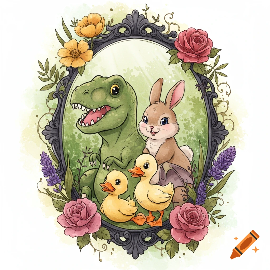 flower rabbit 絵画　イラスト　ドローイング Whimsical watercolor illustration of a T-Rex, bunny, and two
