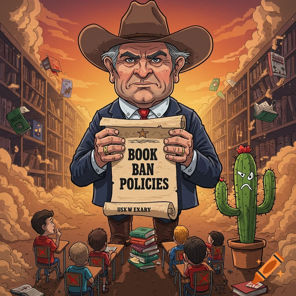 A political cartoon of a stern man in a cowboy hat holding a 'Book Ban Policies' scroll, surrounded by flying books in a smoky library, with children and a grumpy cactus.