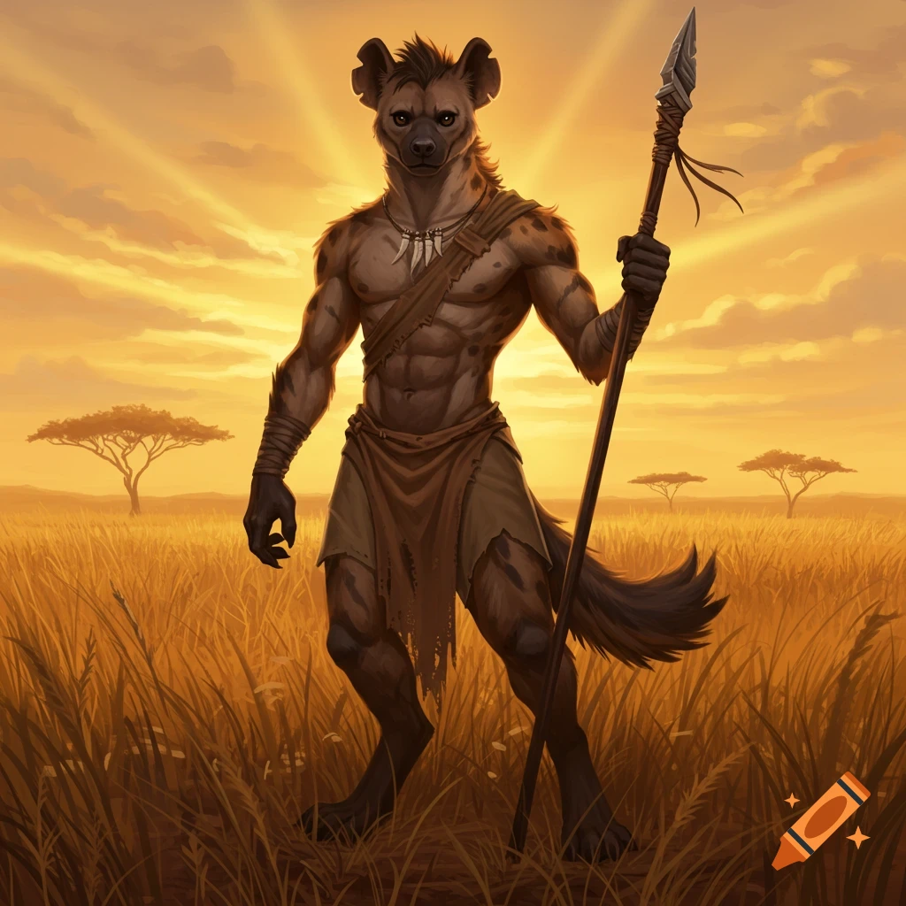 An anthropomorphic hyena warrior stands in a savanna at sunset, holding a spear.