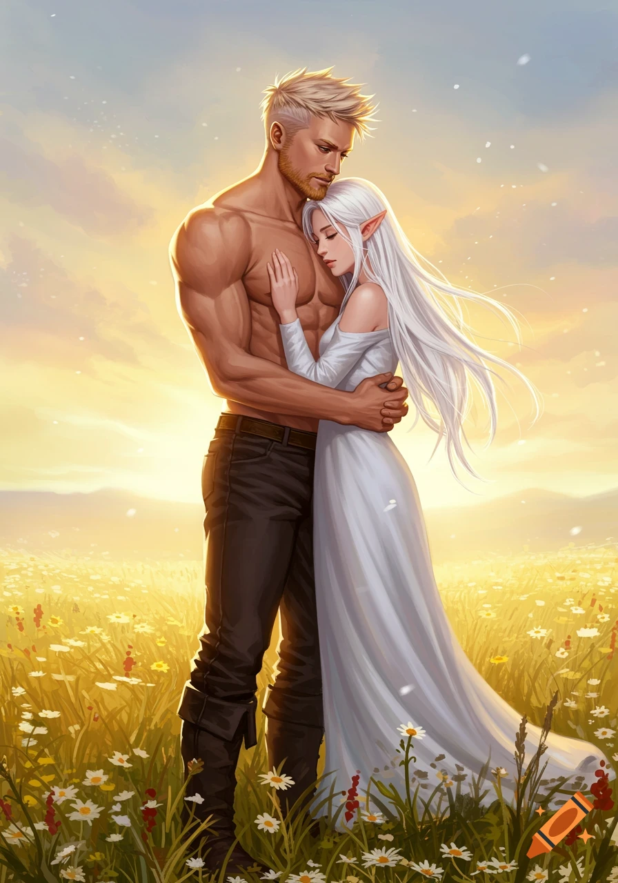 A muscular man with blond hair embracing a white-haired elf woman in a sunlit field of flowers. Digital art.