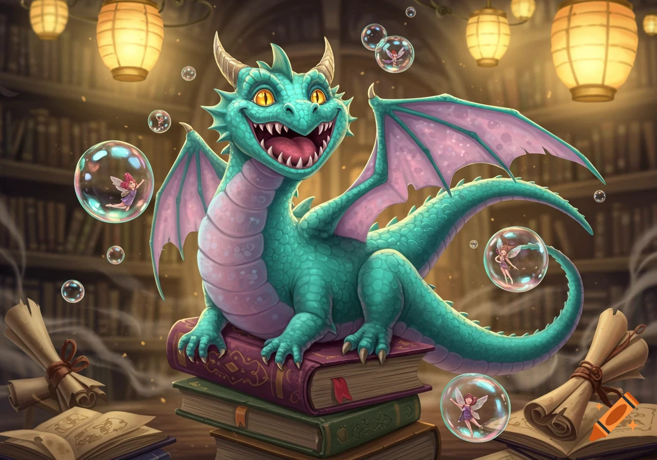A smiling, teal and pink cartoon dragon sits on a stack of books in a cozy library, with bubbles containing tiny fairies floating around it.