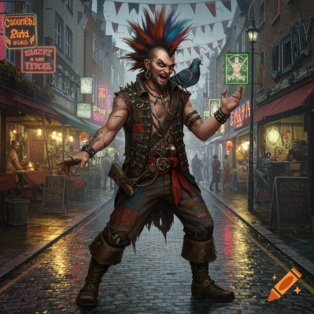 A punk pirate with a colorful mohawk and a pigeon on his shoulder stands in a busy, rainy street market at night.