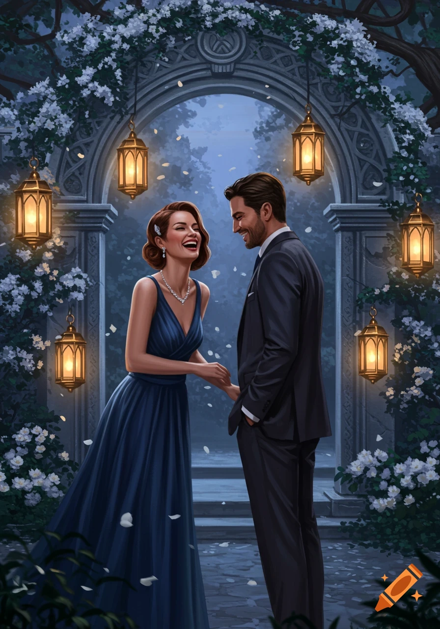 A man and woman laughing under a floral archway with lanterns at night, with petals falling.