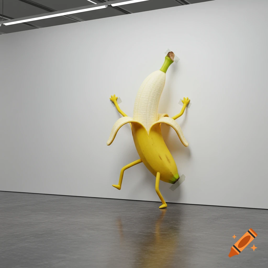 A 3D rendered banana with arms and legs taped to a white wall in an empty room.