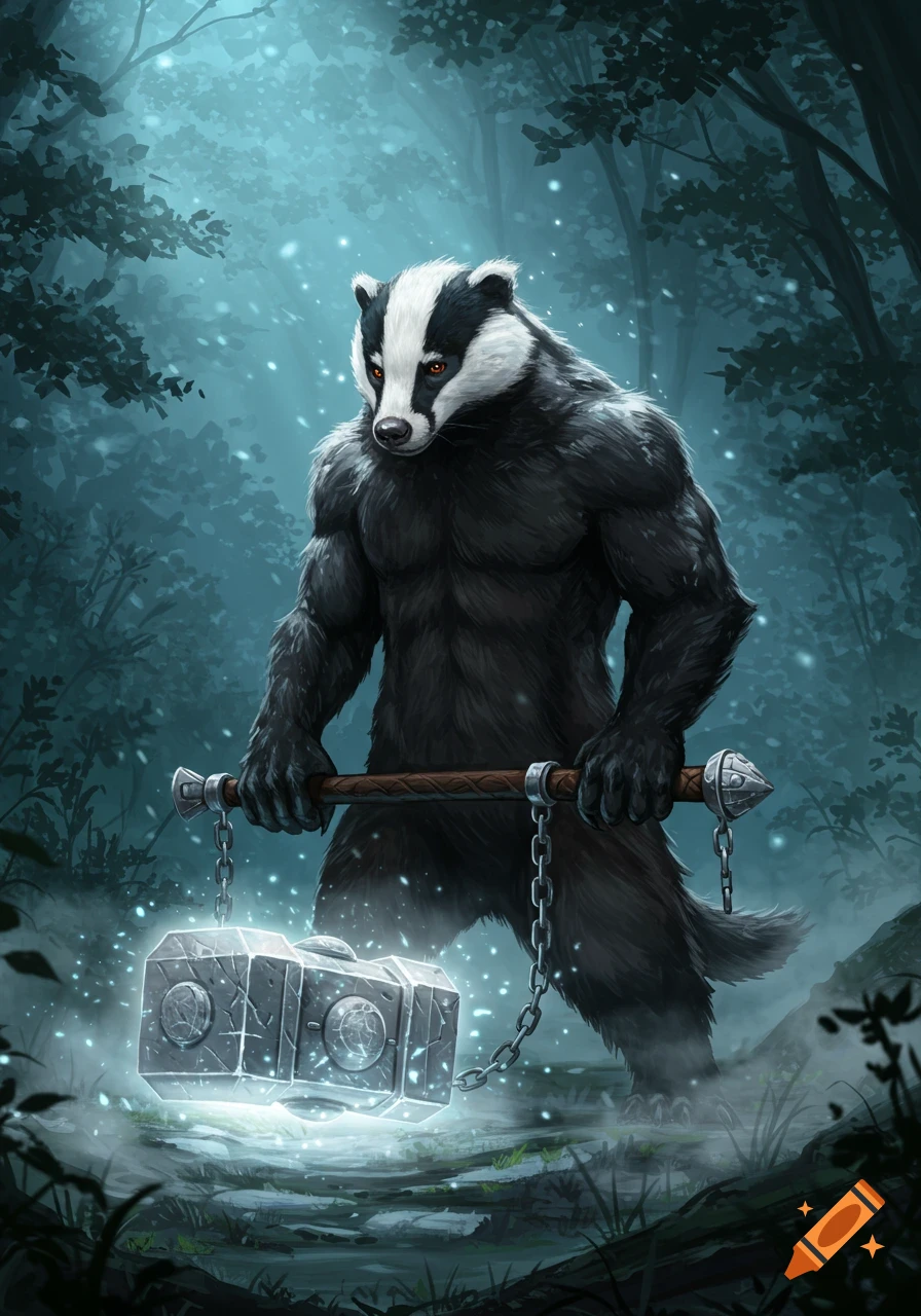 A muscular anthropomorphic badger holding a glowing meteor hammer in a dark, misty forest, rendered in a digital art style.