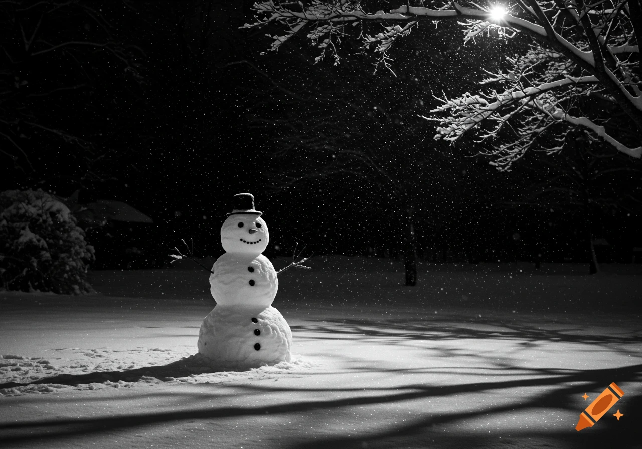Black and white photorealistic image of a snowman in falling snow at night, illuminated by a street light.