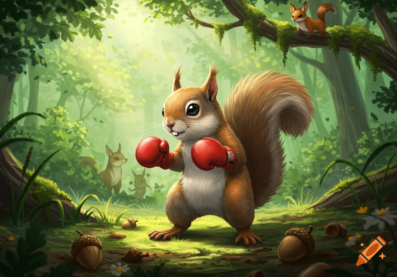 A cute cartoon squirrel wearing red boxing gloves stands in a forest with other squirrels and acorns.