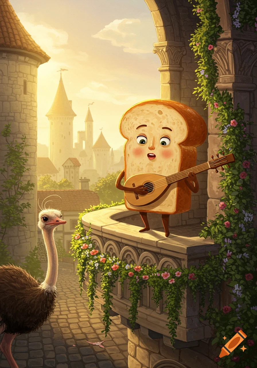 A cartoon sentient slice of bread plays a lute on a medieval balcony to an ostrich below, with a castle in the background.