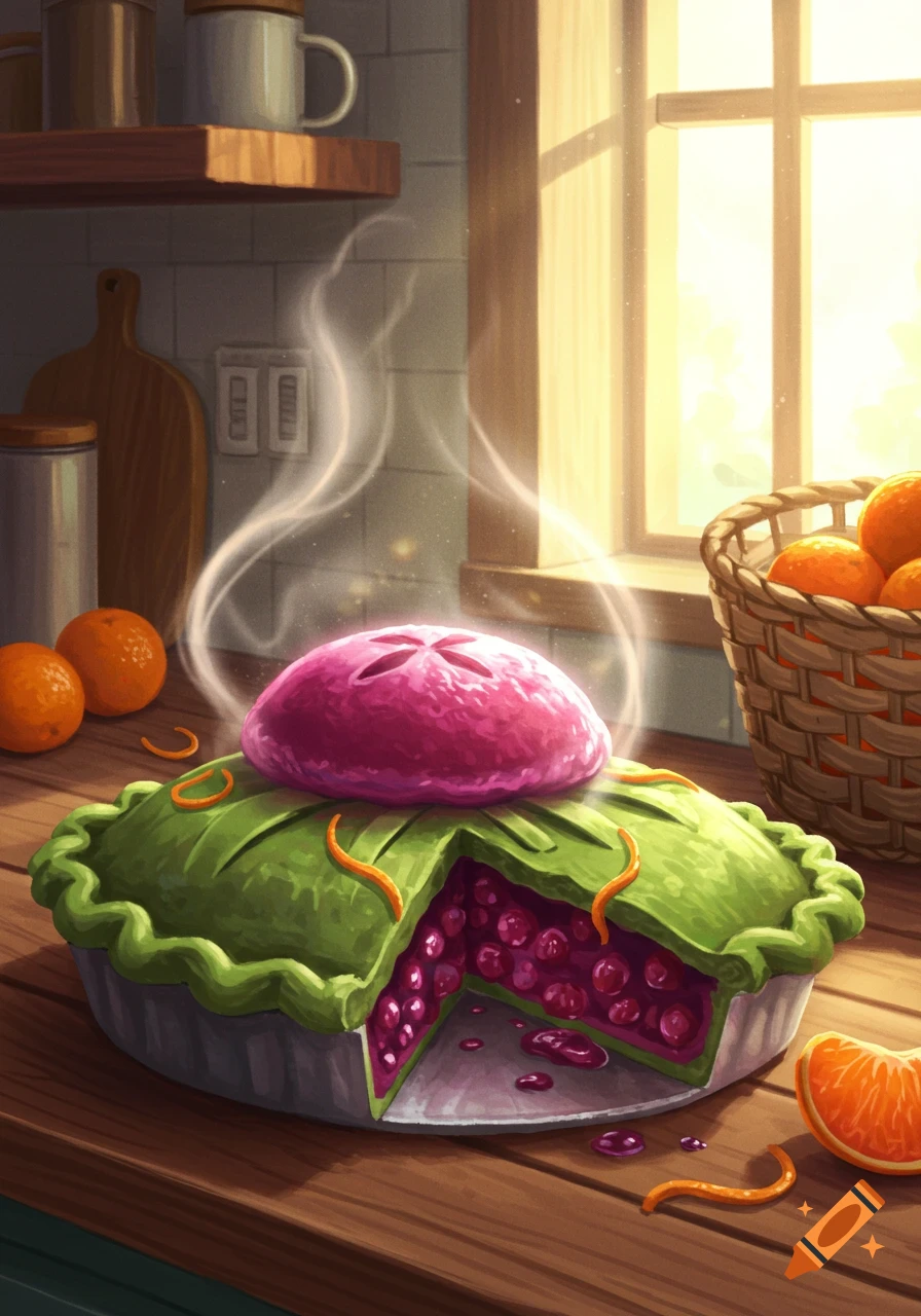 A vibrant, steaming purple pie with green crust and a slice cut out, revealing red berry filling, sits on a wooden counter in a sunlit kitchen. Orange peels and whole oranges are nearby.