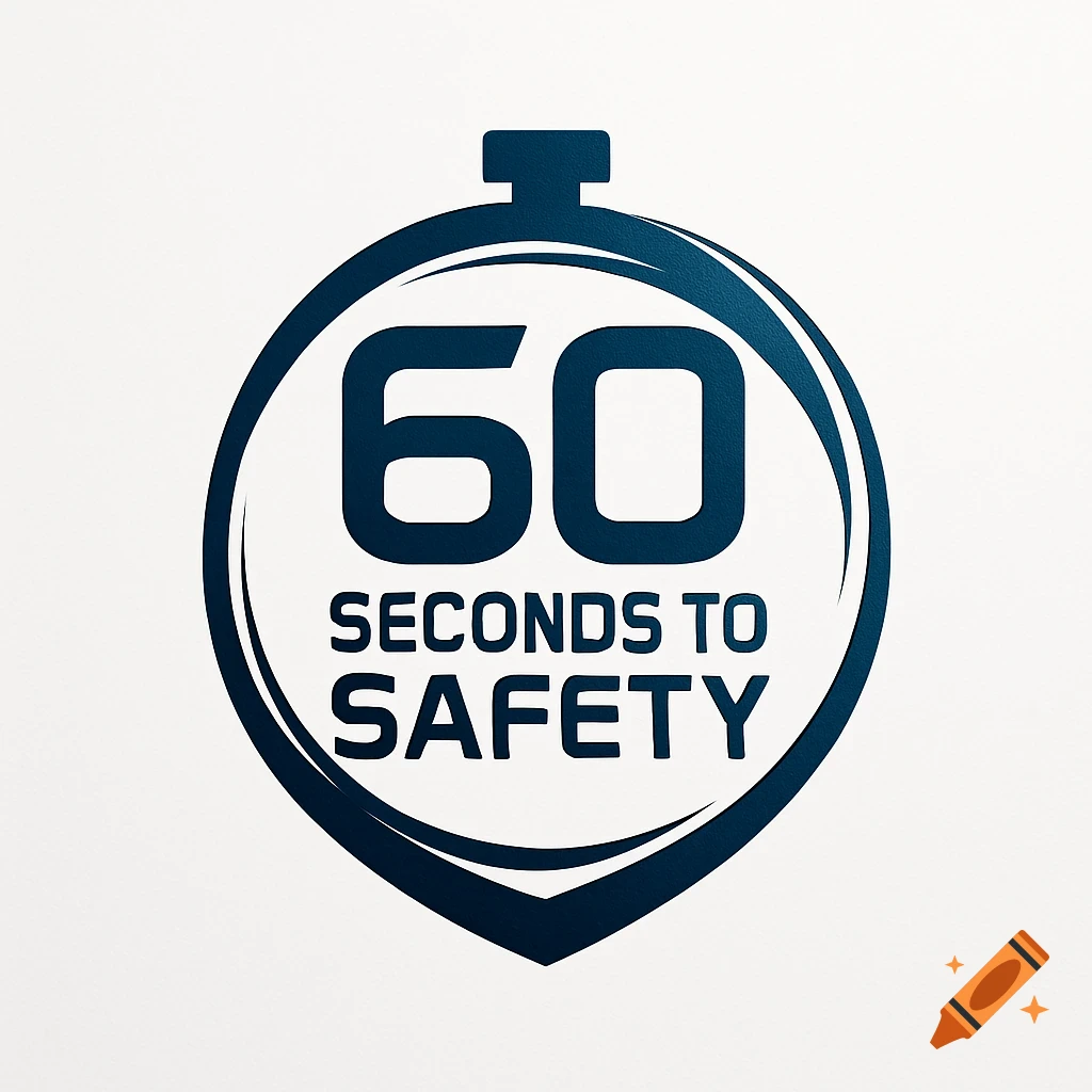 A dark blue logo featuring a stylized stopwatch with the text '60 SECONDS TO SAFETY' in white.