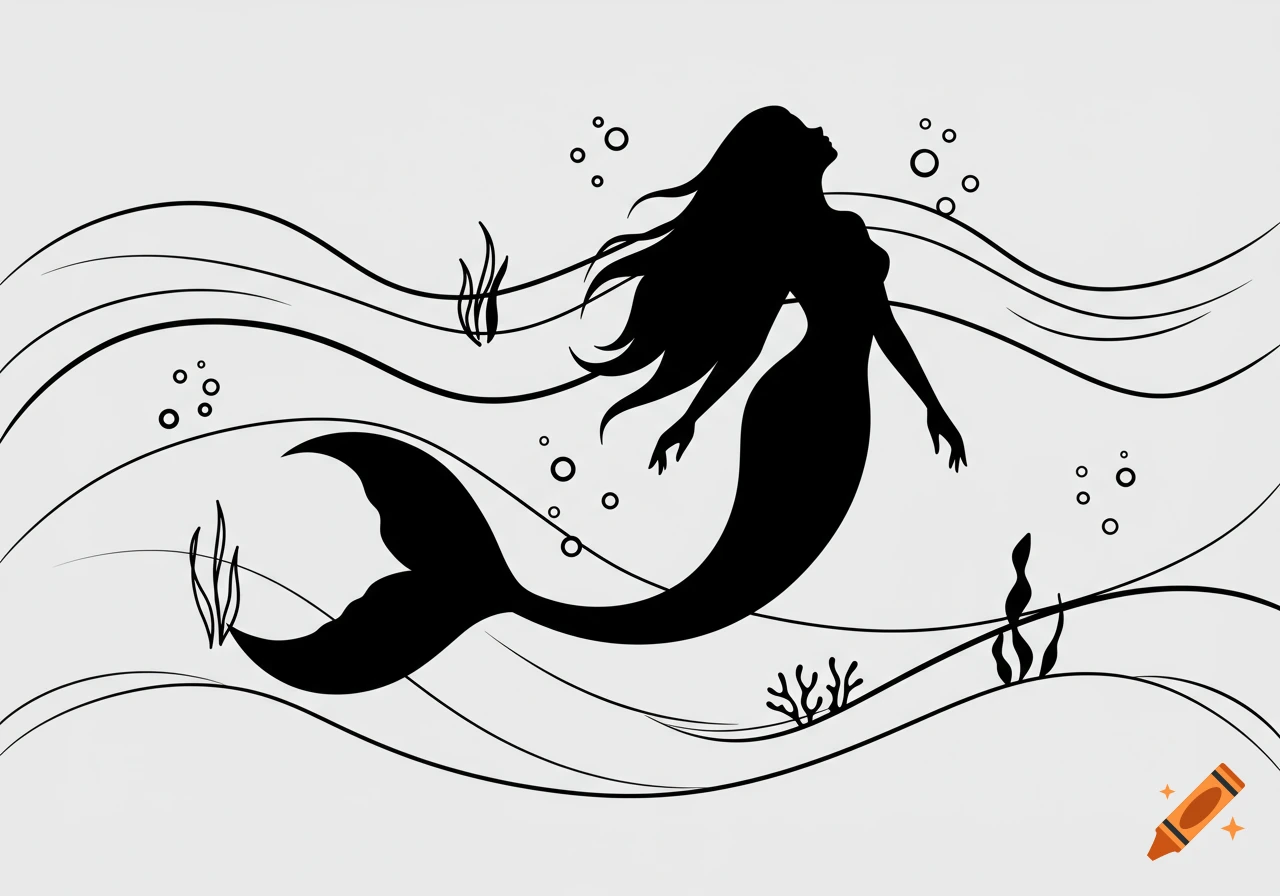 Black silhouette of a mermaid with long flowing hair, swimming amongst waves and bubbles, in a minimalist style.