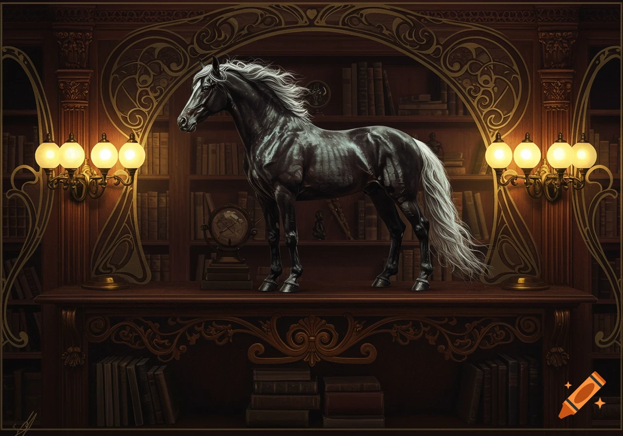 A majestic black horse with a flowing white mane and tail stands on a grand, ornate wooden shelf in a dark library.