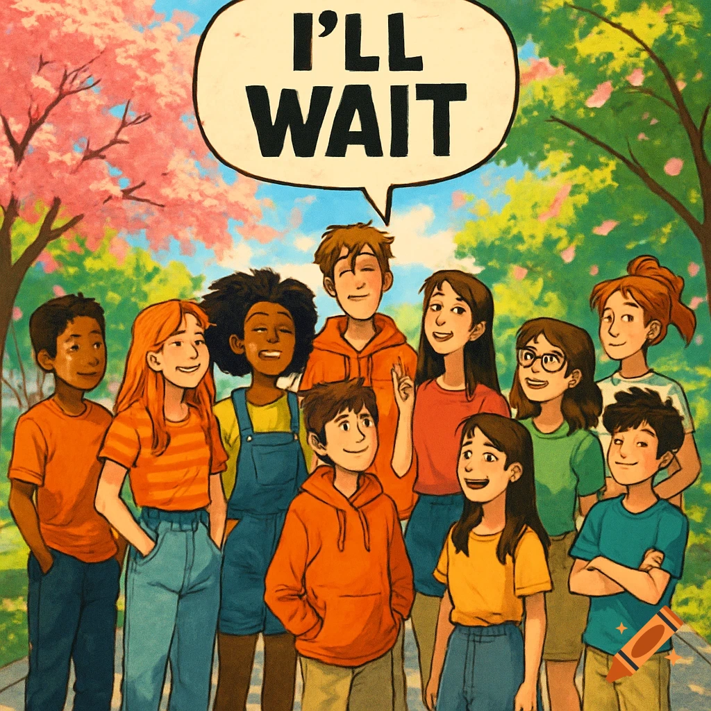 A colorful illustration of ten smiling children and teenagers standing in a park with blooming trees. A speech bubble above them reads "I'LL WAIT."