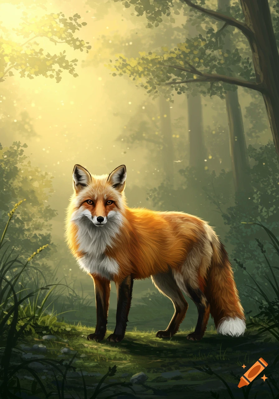 A vibrant red fox with white markings stands in a sunlit forest, illustrated in a digital painting style.