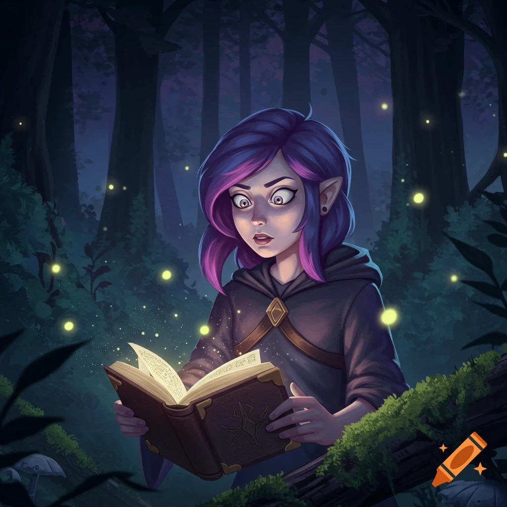 An elf-like character with purple hair reads a glowing book in a dark magical forest with fireflies, digital art.