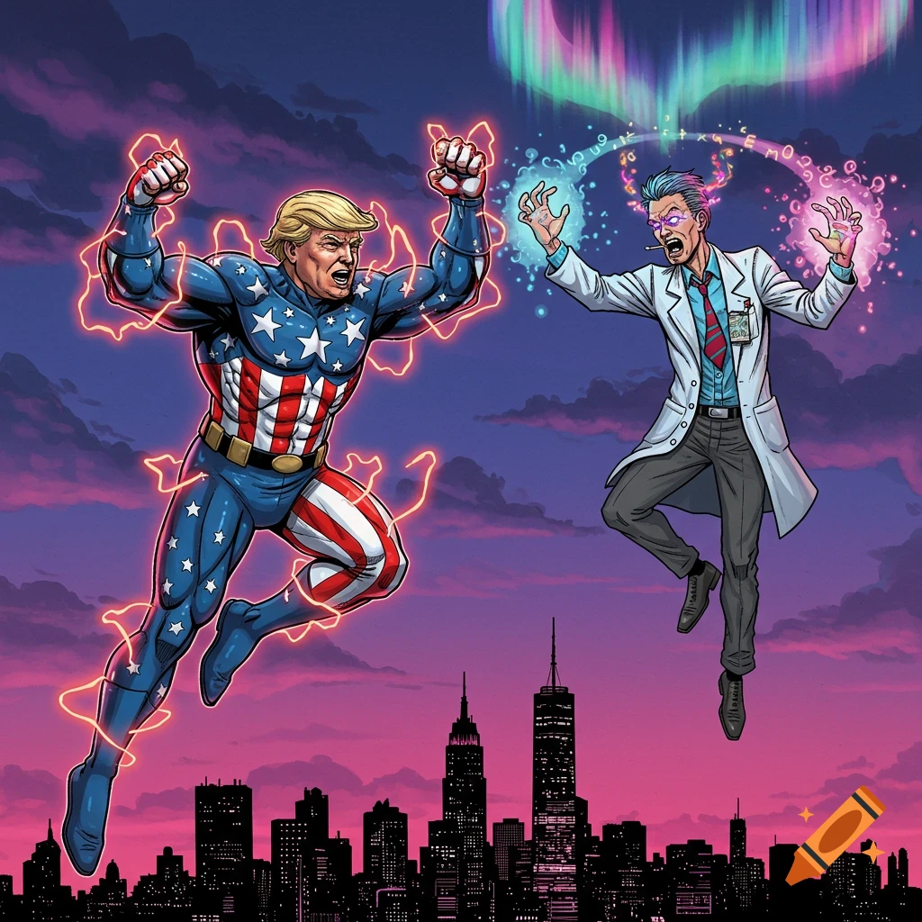 A comic book style illustration of a superhero resembling Donald Trump in a patriotic suit battling a scientist resembling Rick Sanchez, with electrical and magical energy effects around them above a city skyline at sunset.