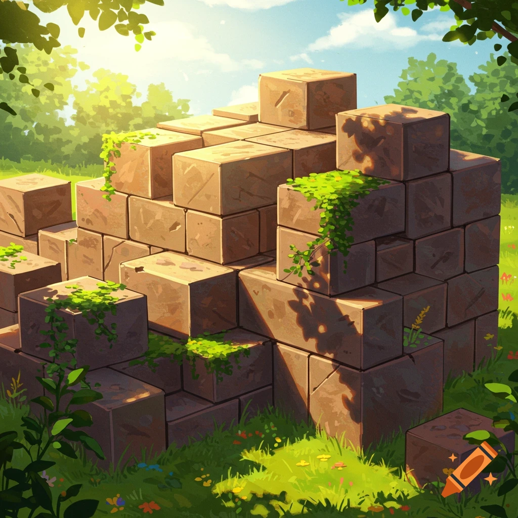 Brown stone blocks with green vines stacked in a sunny, vibrant green landscape.