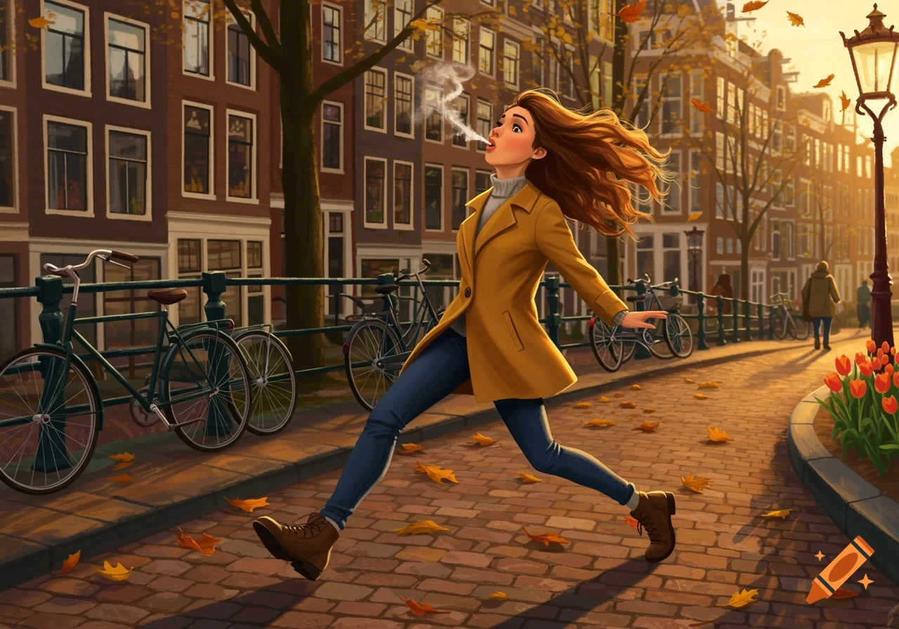 A stylized illustration of a woman with flowing brown hair, wearing a yellow coat and jeans, running on a cobblestone street amidst falling autumn leaves in a European city, with bicycles parked along a fence and tall buildings in the background.