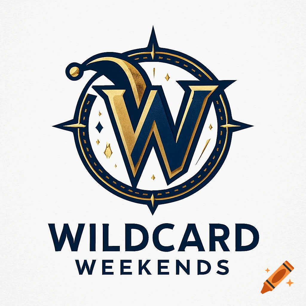 A dark blue and gold W logo inside a compass rose with a jester cap, text reads 'WILDCARD WEEKENDS' below.