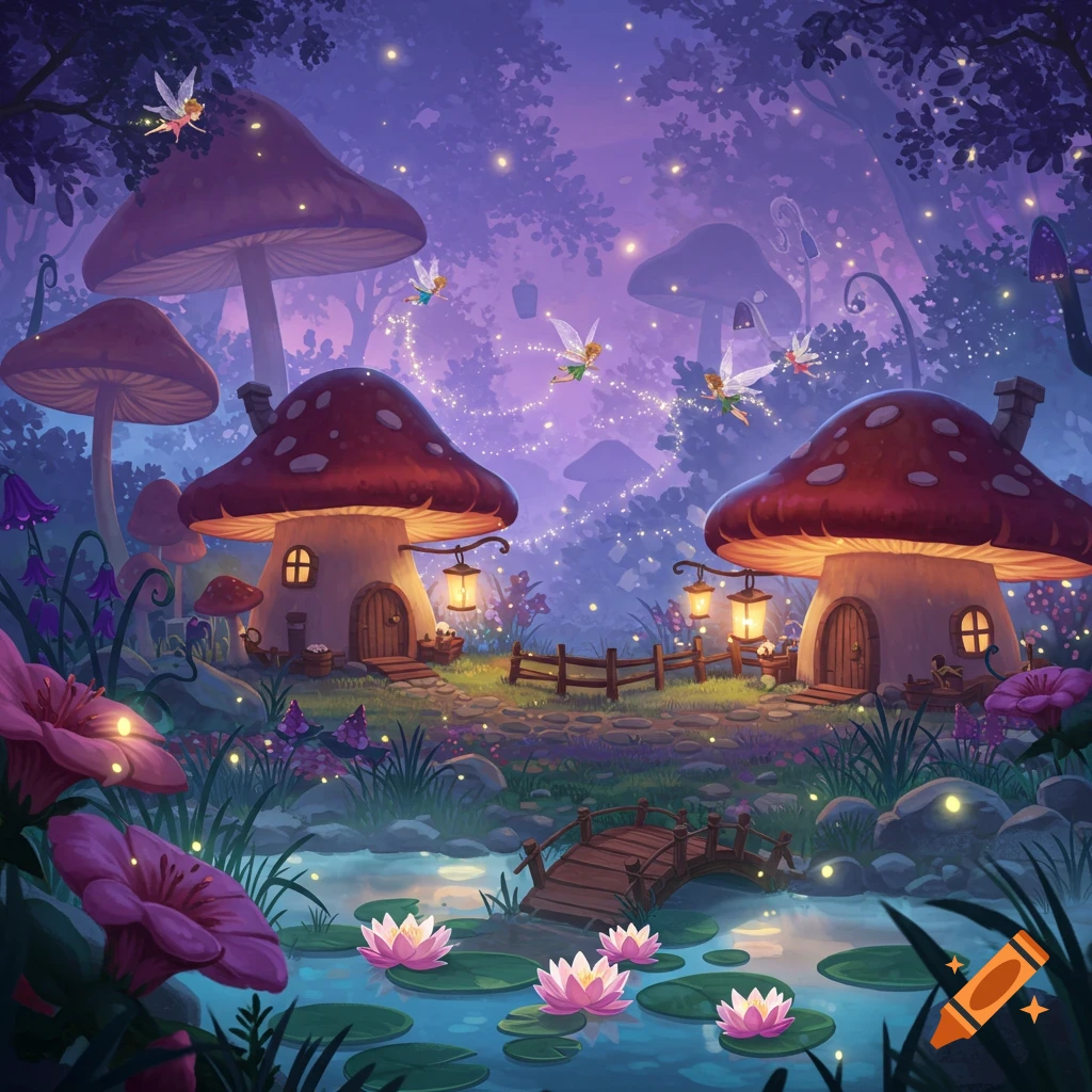 A whimsical cartoon fantasy landscape with mushroom houses, glowing fireflies, fairies flying around, and a pond with lily pads at dusk.