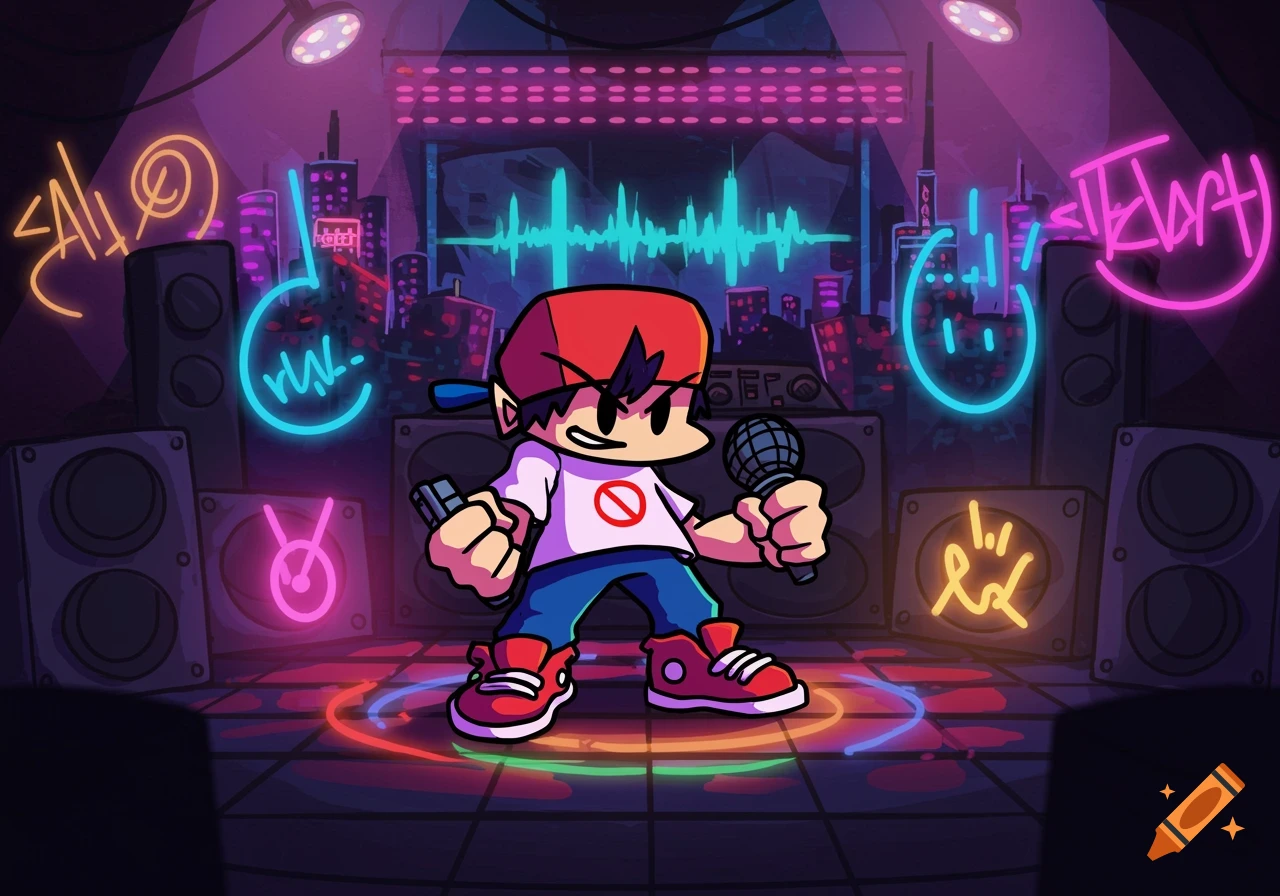 A cartoon character in a red cap and white shirt stands on a stage with a microphone, surrounded by neon lights and large speakers.