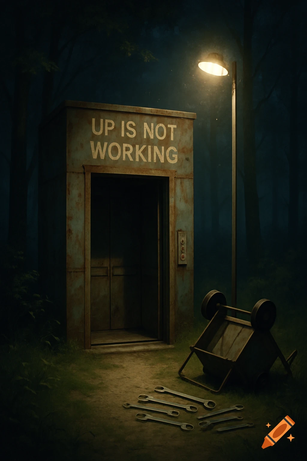 A rusted service elevator in a dark forest at night, illuminated by a single streetlamp. The elevator reads 'UP IS NOT WORKING'. An overturned cart and wrenches lie nearby.