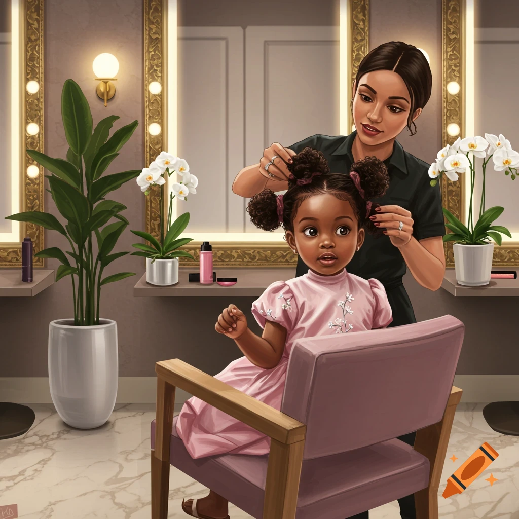 An African American woman styles a little girl's hair into space buns in a luxurious salon, illustration style.