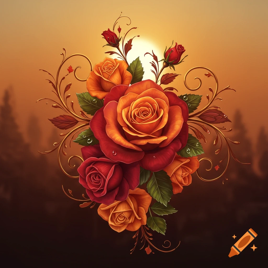 Vibrant bouquet of red and orange roses with gold flourishes against a warm sunset background, stylized art.