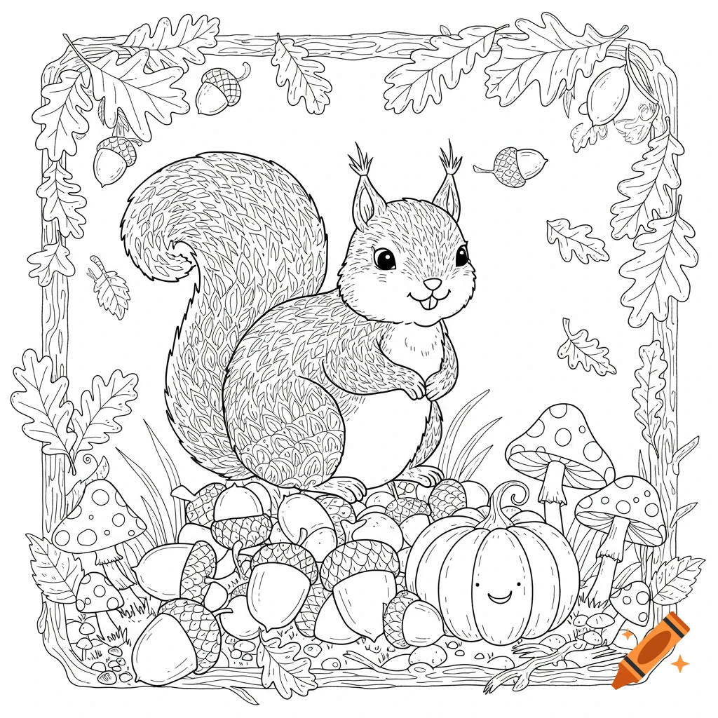 A cute squirrel sits on a pile of acorns next to a smiling pumpkin and mushrooms, framed by oak leaves, in a black and white coloring page style.