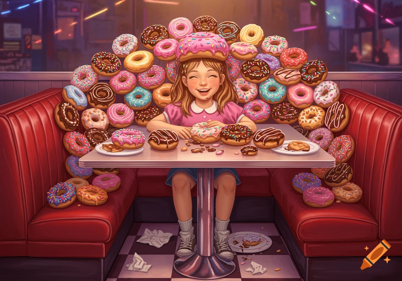 A happy girl in a diner booth surrounded by an abundance of colorful, frosted donuts. One donut is on her head.