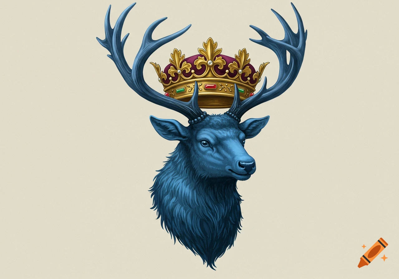 An illustrated blue deer head with antlers and a gold and purple crown on its head.