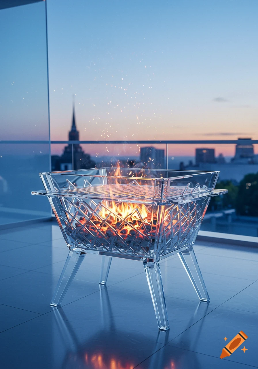 A modern glass barbecue with fire and embers on a tiled balcony, overlooking a city skyline at sunset. Photorealistic.