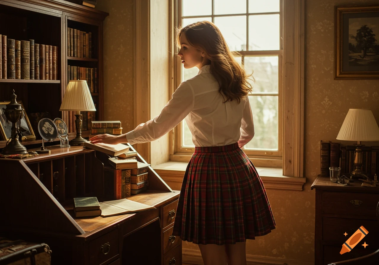 A young woman in a white shirt and red tartan skirt reaches for a book on a wooden desk in a well-lit study.