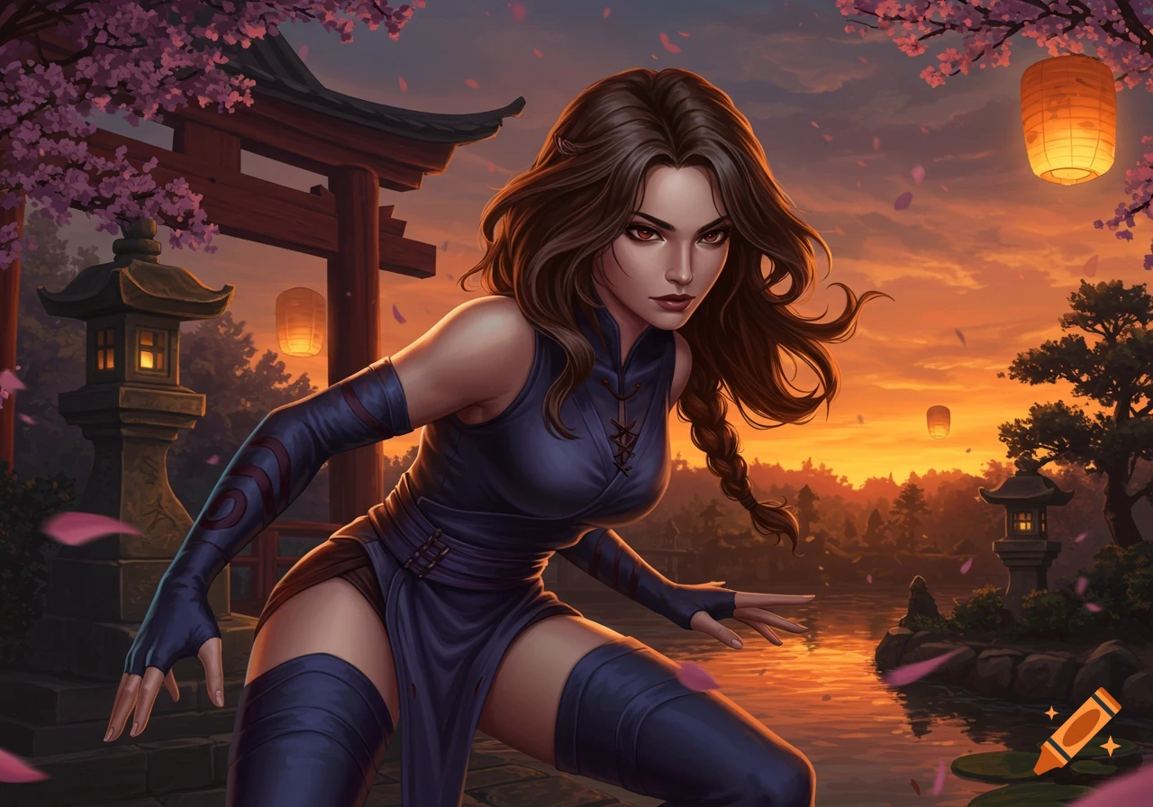 A female ninja with long brown hair in a dark blue outfit, in a crouched pose amidst a cherry blossom and torii gate background at sunset.