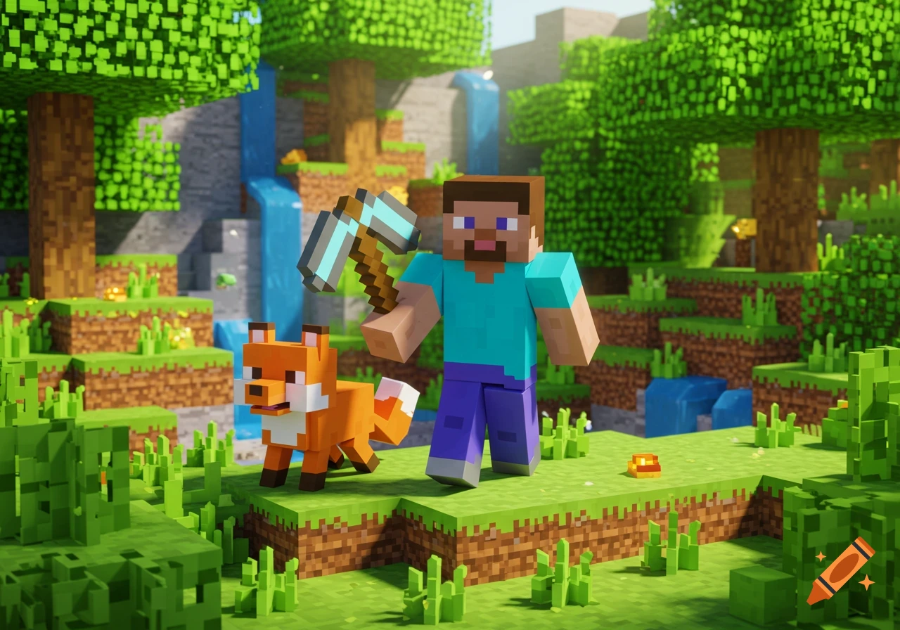Minecraft character Steve and a fox stand in a blocky forest with a waterfall.