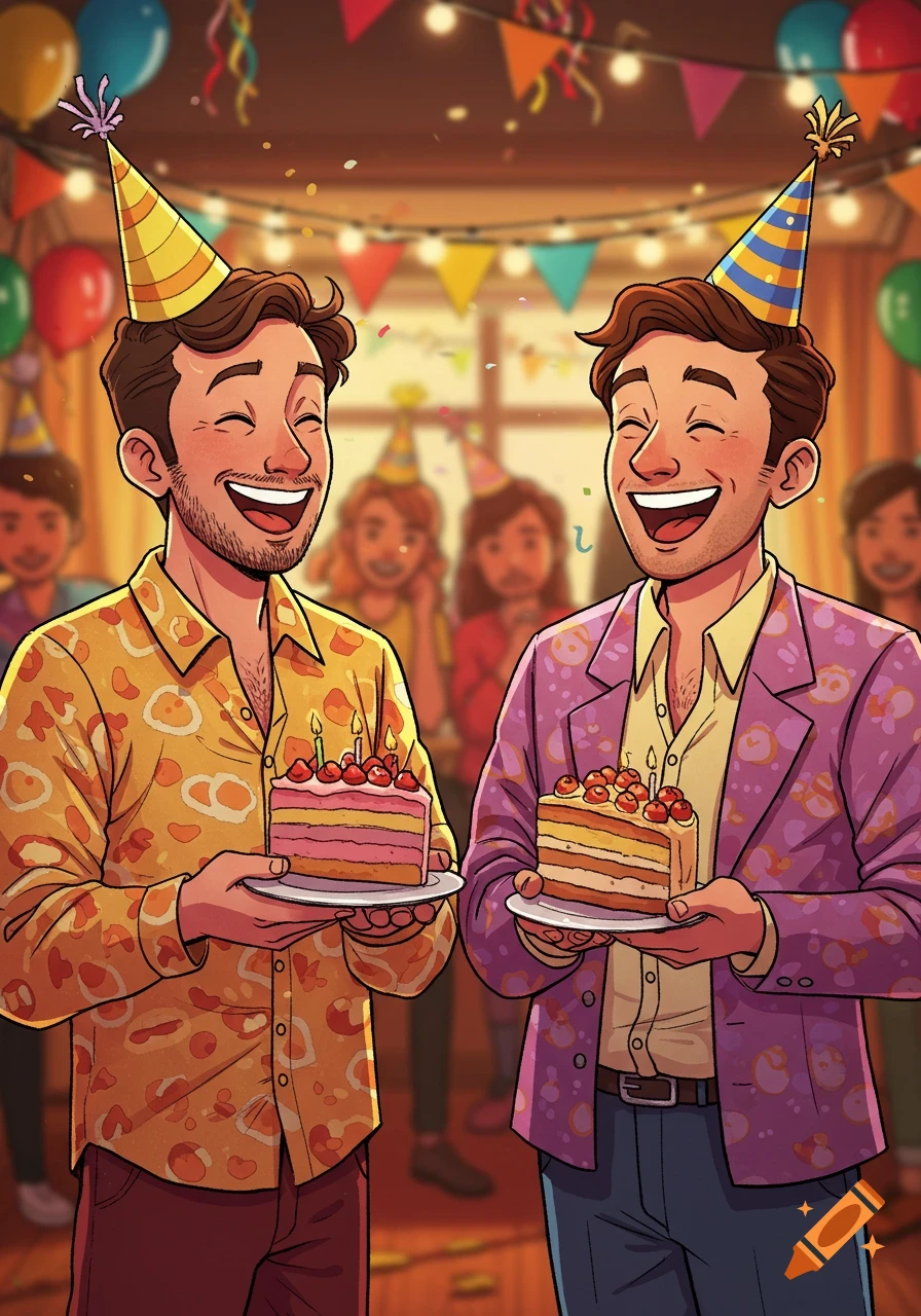 Two cheerful men in cartoon style holding birthday cakes at a party with festive decorations.