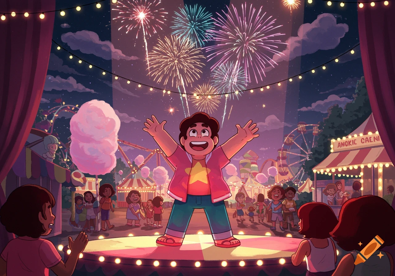 Steven Universe on stage at a night carnival with colorful fireworks, surrounded by amusement rides and cheering onlookers.