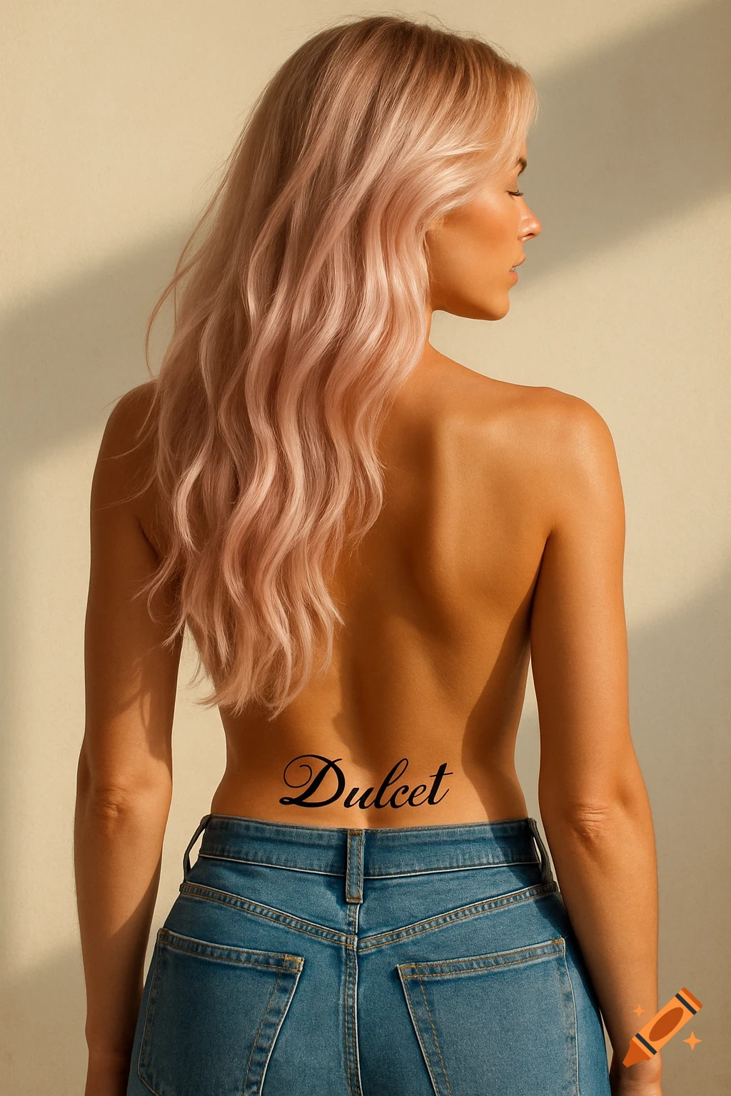 A woman with long pink hair covering her back, wearing denim jeans, with a "Dulcet" tattoo on her lower back.