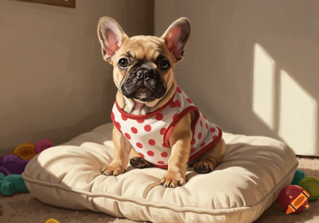 A cute French bulldog puppy wearing a white and red polka-dot vest sits on a light-colored cushion with toys around it, in a sunlit room.