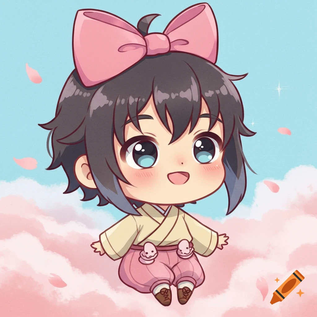 A cute chibi anime character with dark hair and a pink bow, smiling while floating on pink clouds with petals, against a blue sky.