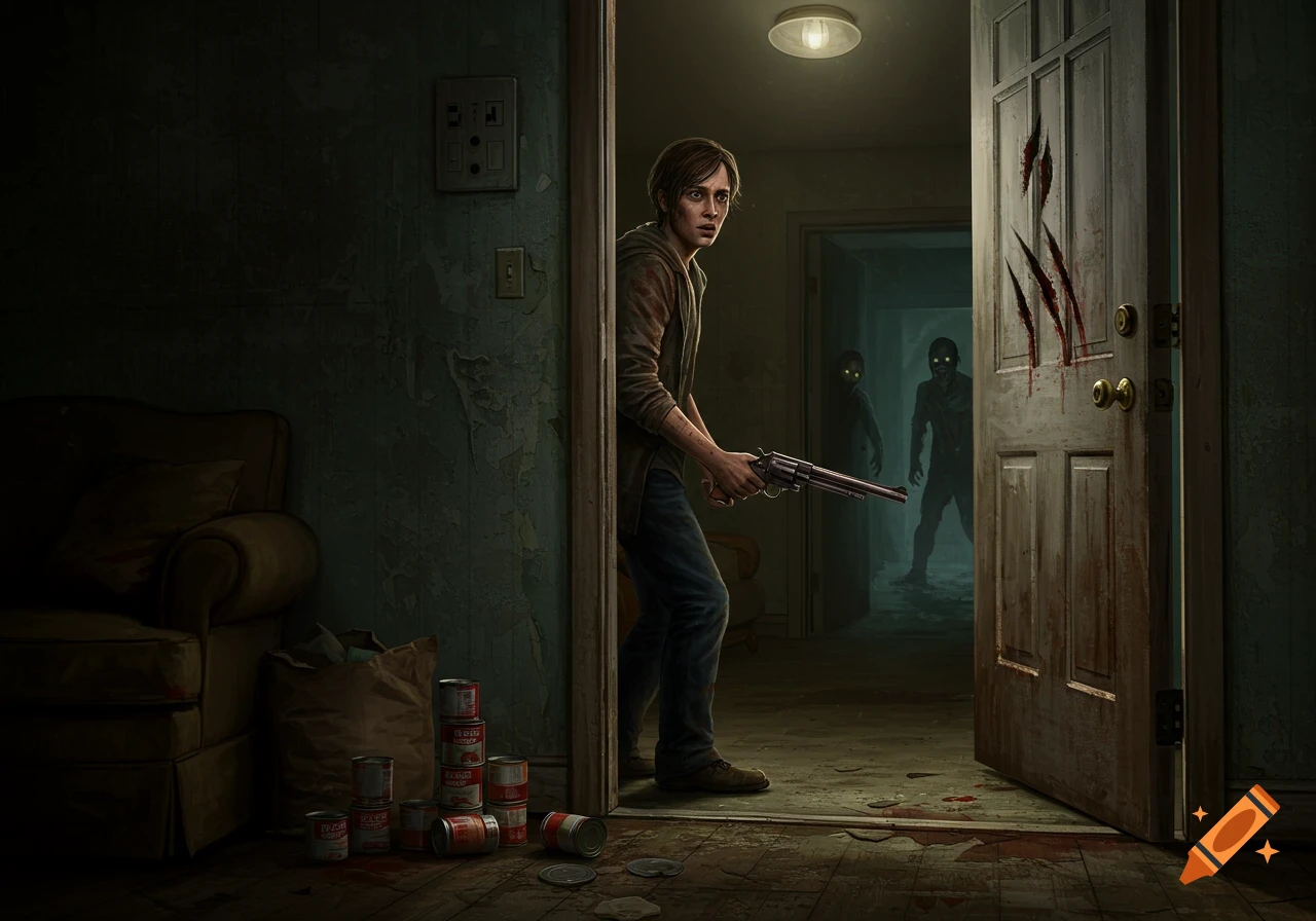 A wary survivor with a gun peeks around a blood-stained door into a dark hallway where glowing-eyed zombies approach.