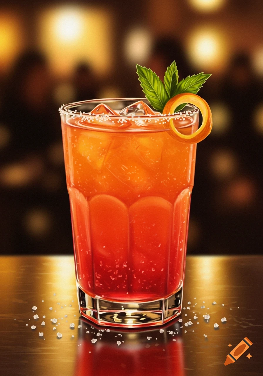 A vibrant orange and red cocktail with ice, a sugar-rimmed glass, mint leaves, and an orange peel garnish, sitting on a reflective table with scattered salt crystals.
