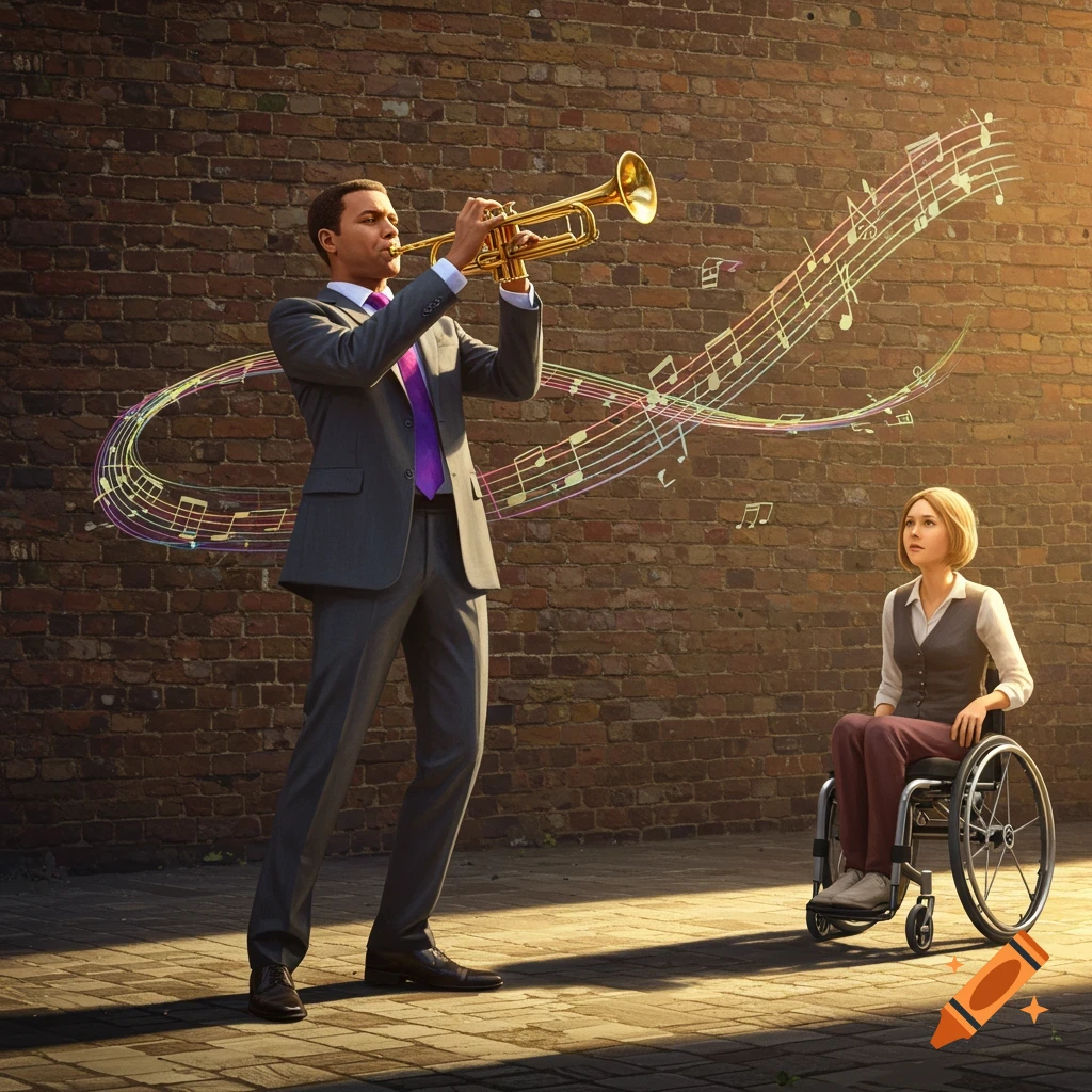 A man in a suit plays a trumpet on a brick street with musical notes floating around him, as a woman in a wheelchair watches.