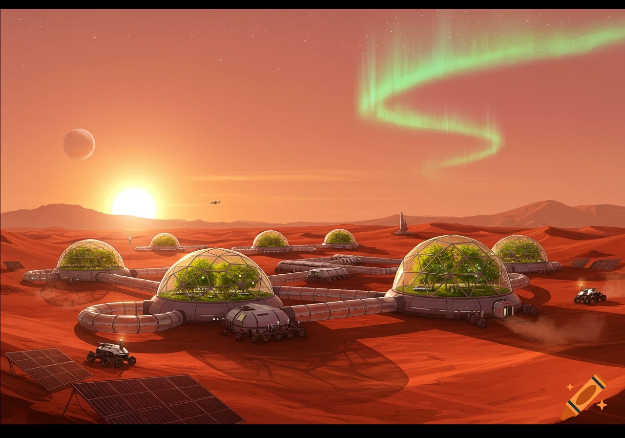 A futuristic human colony on the red surface of Mars with multiple bio-domes, rovers, solar panels, and a green aurora in the sky at sunset.