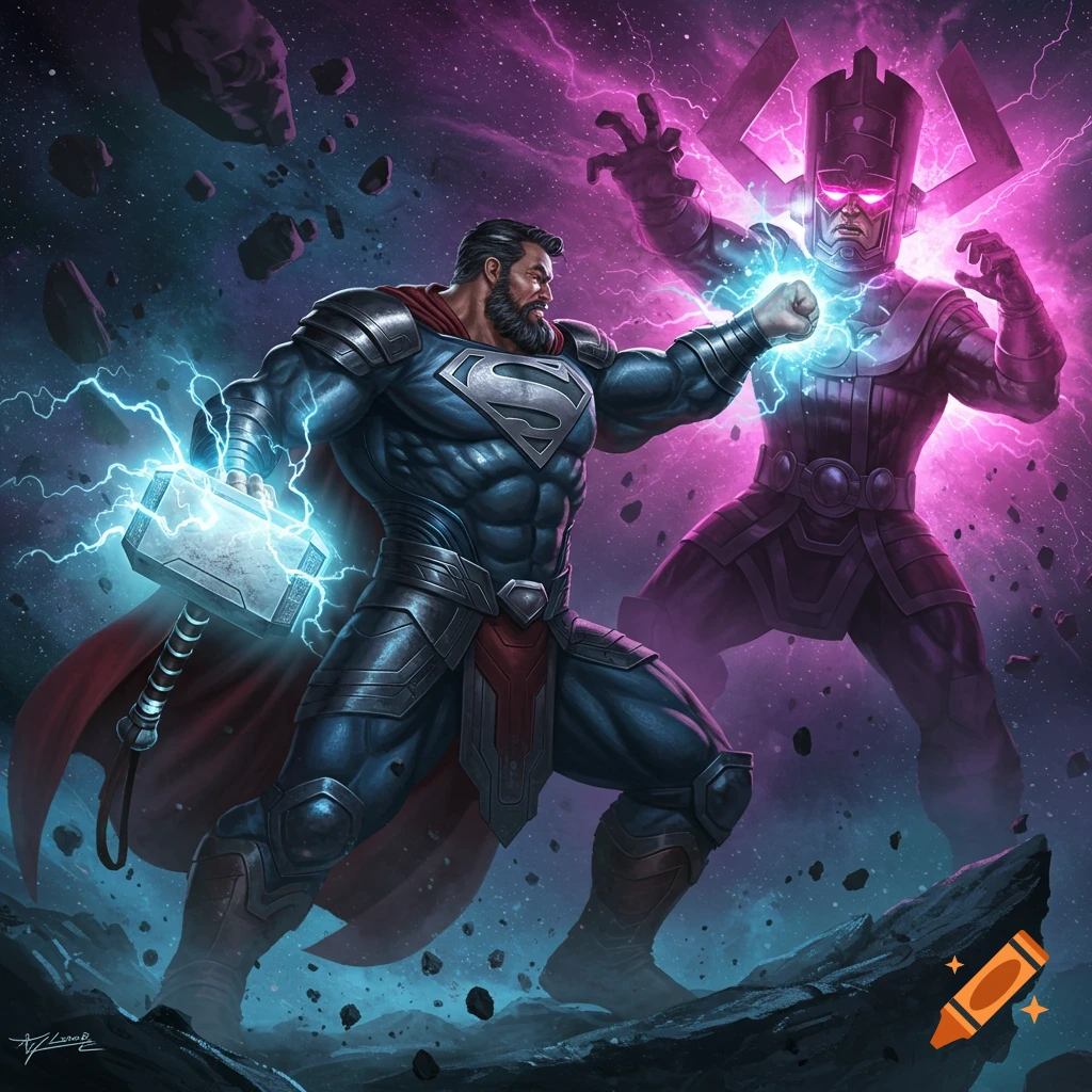 Bearded Superman in blue armor wielding Mjolnir, punching Galactus in a cosmic battle with purple and blue energy.