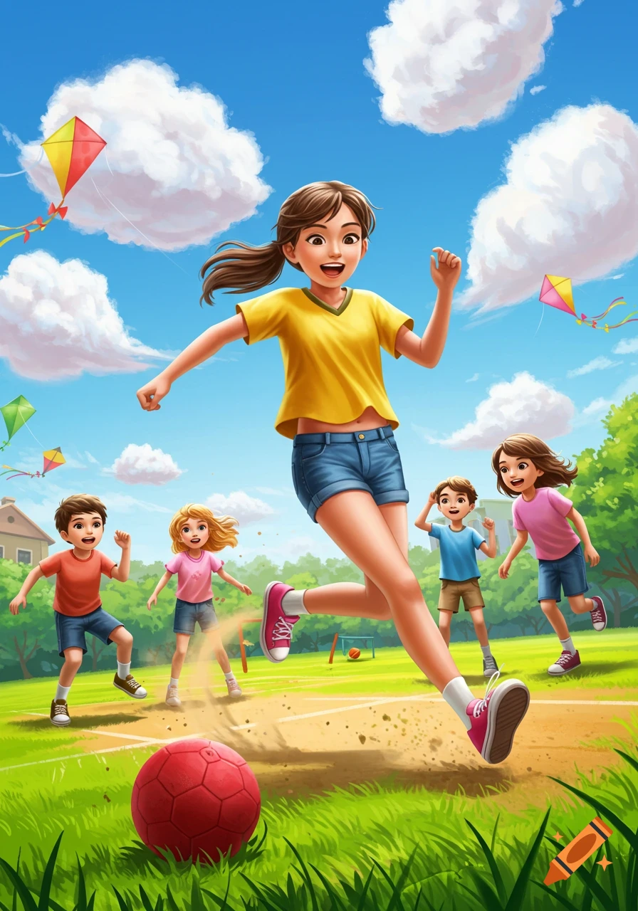 Vibrant illustration of children playing kickball outdoors. A girl in a yellow shirt runs towards a red ball, other kids play in a sunny park with kites.