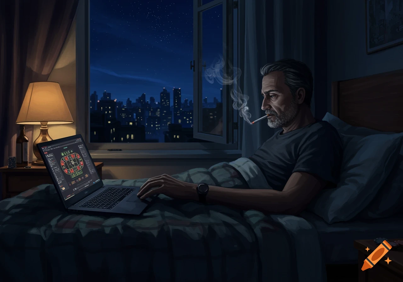 A man smoking in bed at night, playing online roulette on his laptop with a city skyline outside his window.
